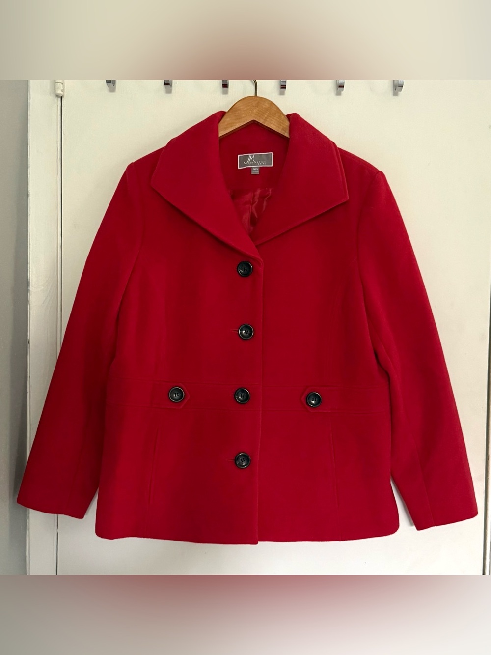 JM Collection Red Wool-Blend Pea Coat with Black Buttons